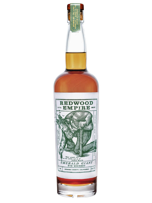 Redwood Empire Emerald Giant Rye Whisky 750mL bottle with label, showcasing rich amber color and detailed branding.