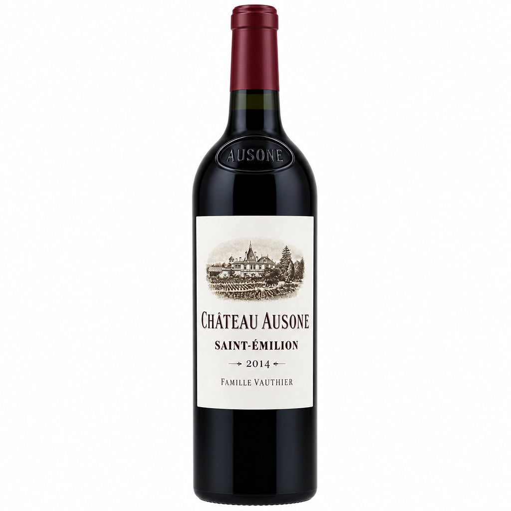 Bottle of Chateau Ausone 2014 red wine, featuring its label and deep burgundy color in a close-up shot.