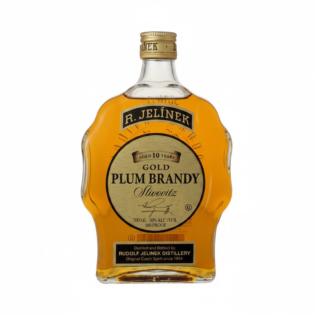 R. Jelinek Gold Plum Brandy Kosher Slivovitz aged 10 years in a 700mL bottle, showcasing a rich, golden color.
