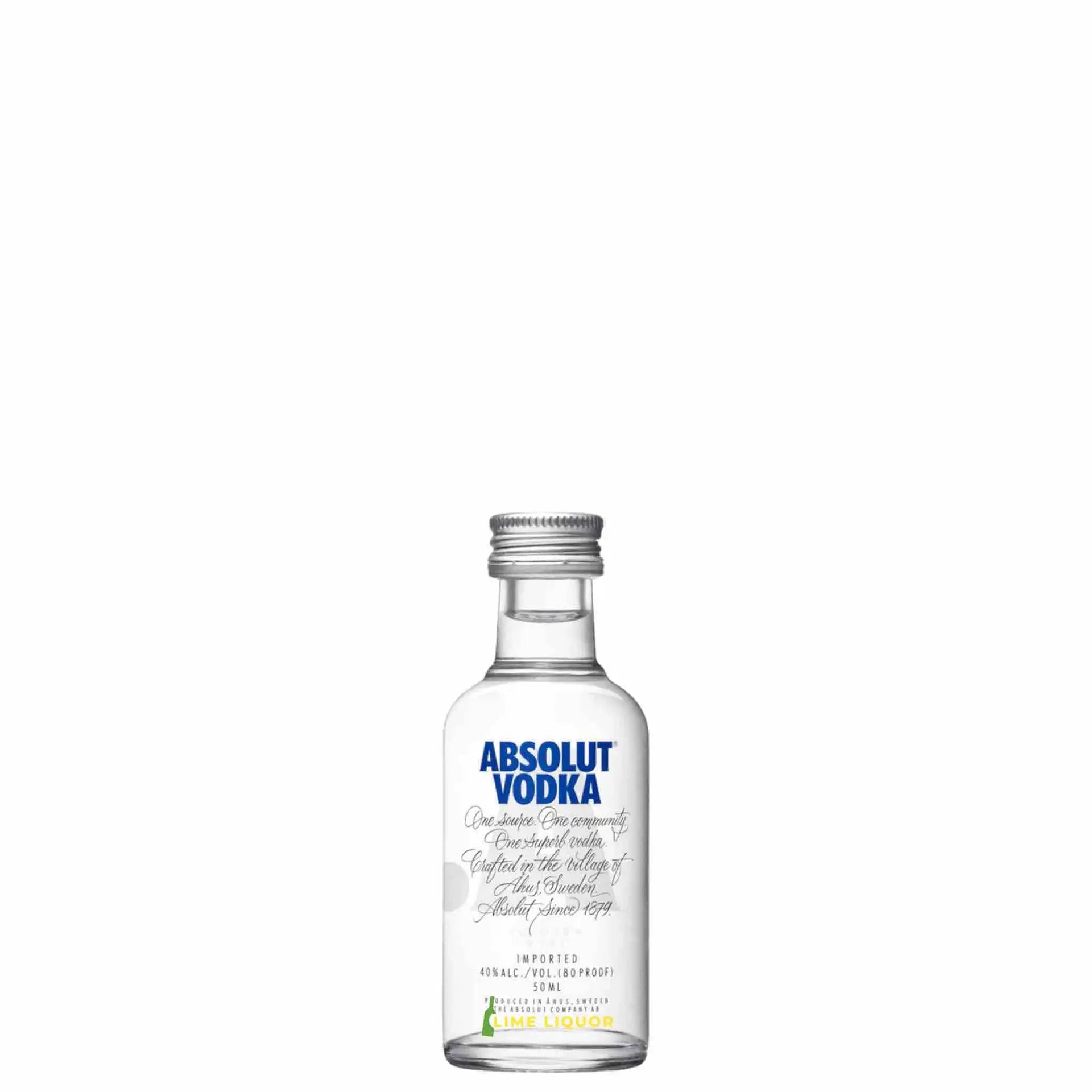 Buy Absolut Vodka 50mL mini bottle, clear glass, silver cap, spirits for sale online