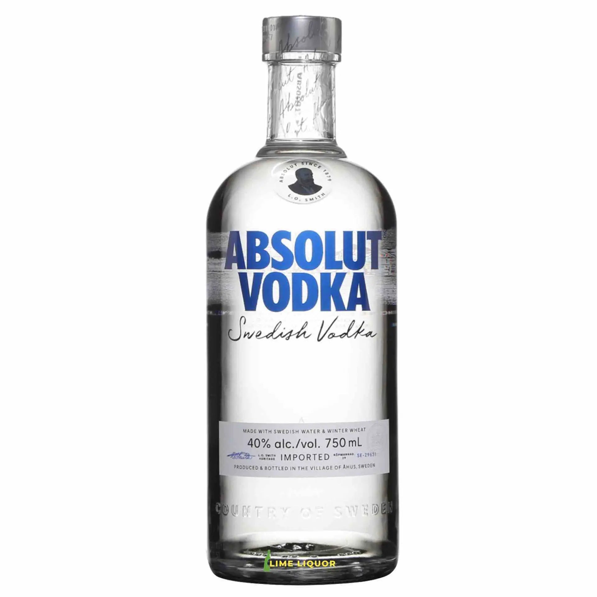buy Absolut Vodka 750mL, clear Swedish vodka bottle with blue label on white background