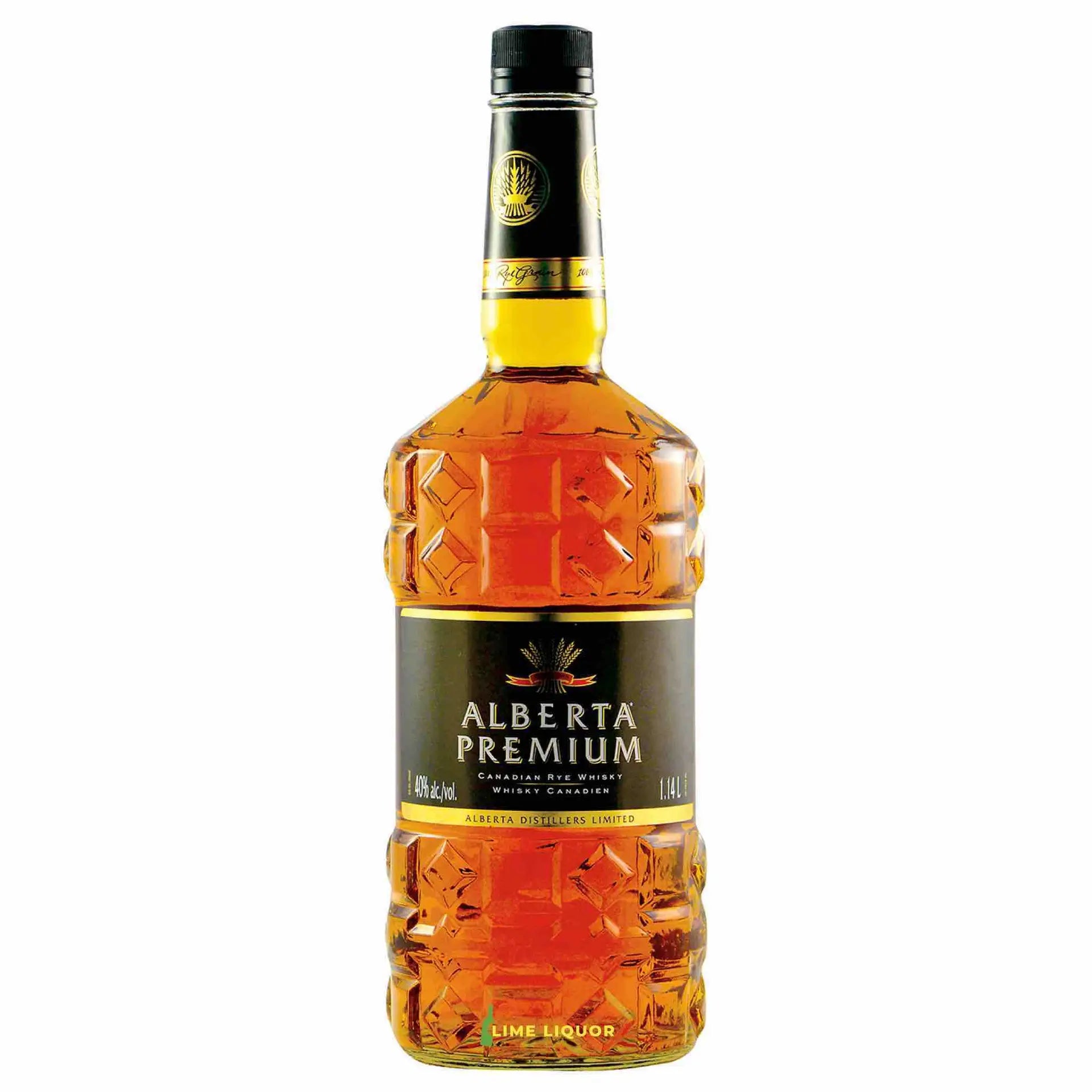 Buy Alberta Premium Canadian Rye Whisky 1.14L bottle with embossed pattern and dark label