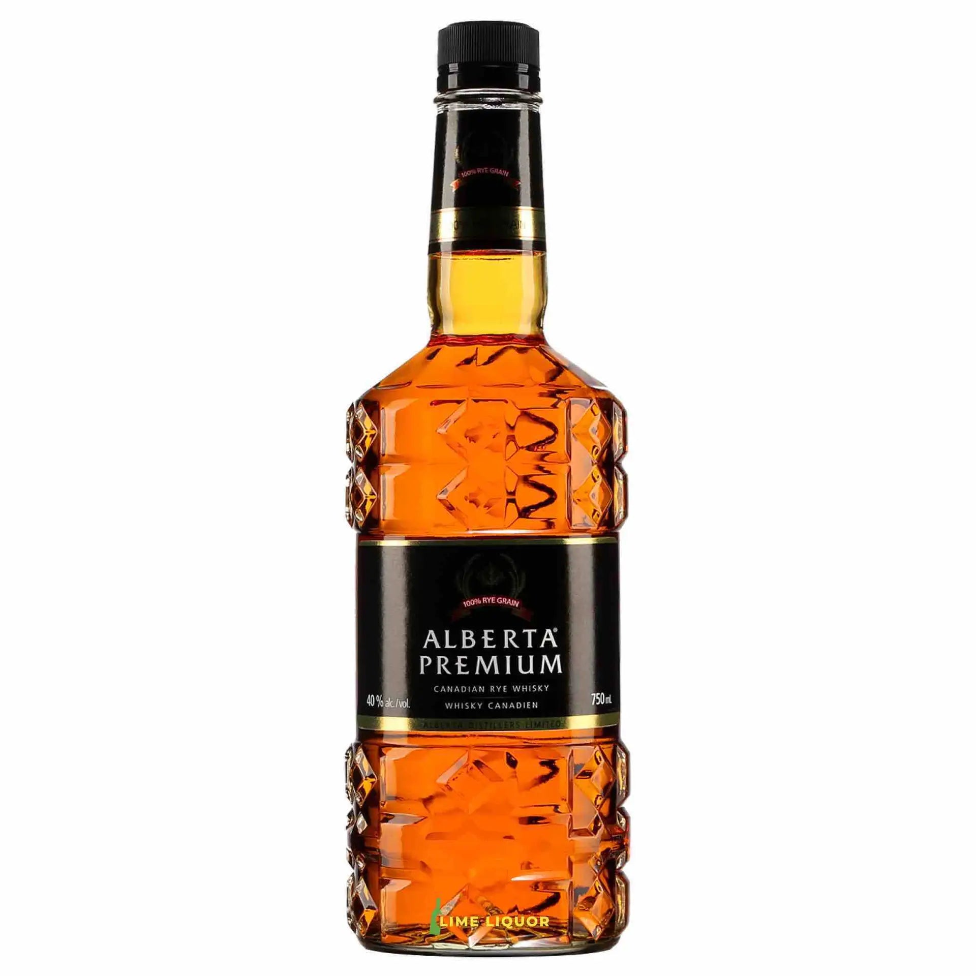 Buy Alberta Premium 750mL Canadian rye whisky, amber liquor in a faceted bottle.