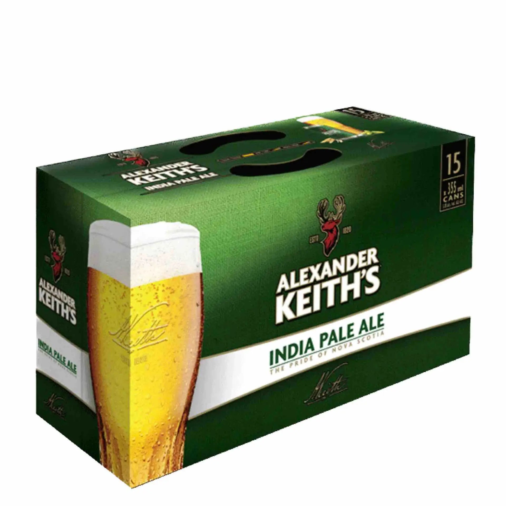 Buy Alexander Keith's India Pale Ale 15 pack green box with beer glass illustration