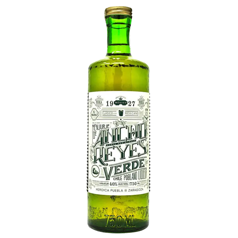 Buy Ancho Reyes Verde Chile Poblano Liqueur 750mL green bottle with detailed label