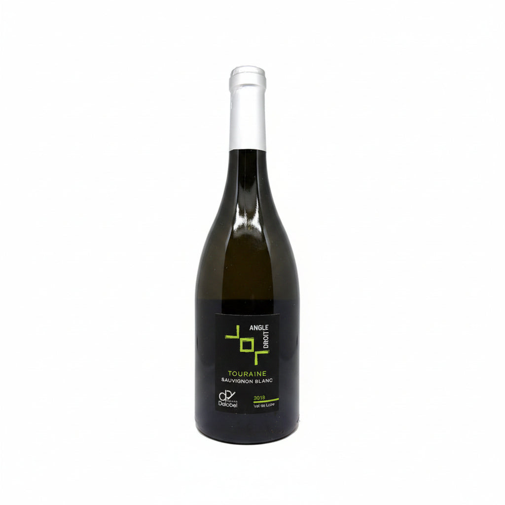 Bottle of Angle Droit Touraine Sauvignon Blanc wine with a white label and cork, displayed upright on a wooden surface.