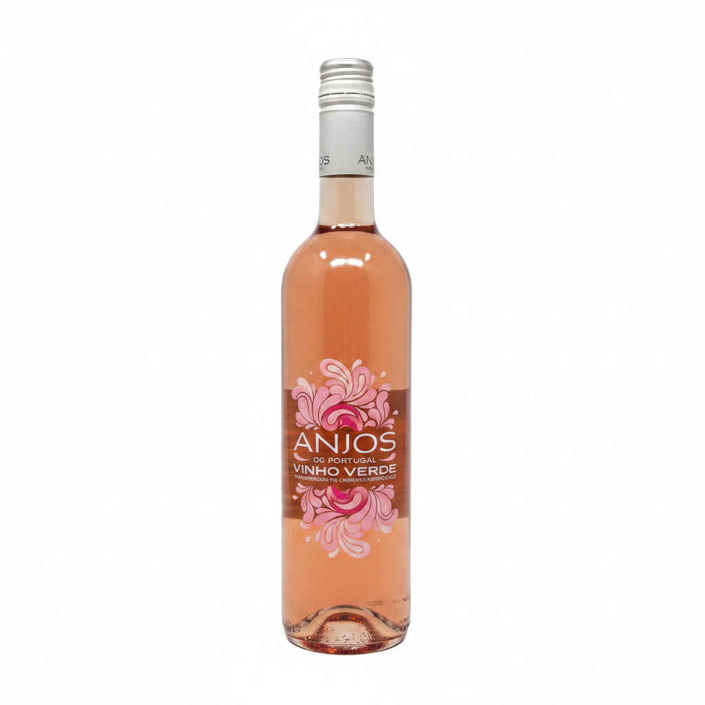 Bottle of Anjos De Portugal Rose 750mL, a Portuguese rosé wine with a pink label and elegant glass bottle.