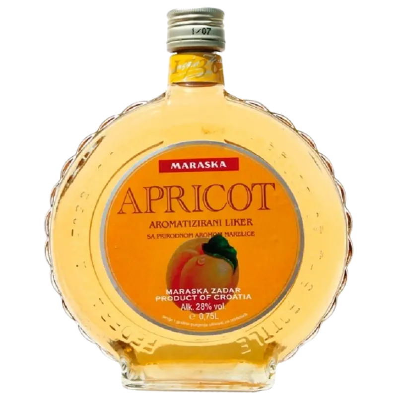 Buy Apricot Kajsija Liqueur 750mL, fruit liqueur in a round glass bottle