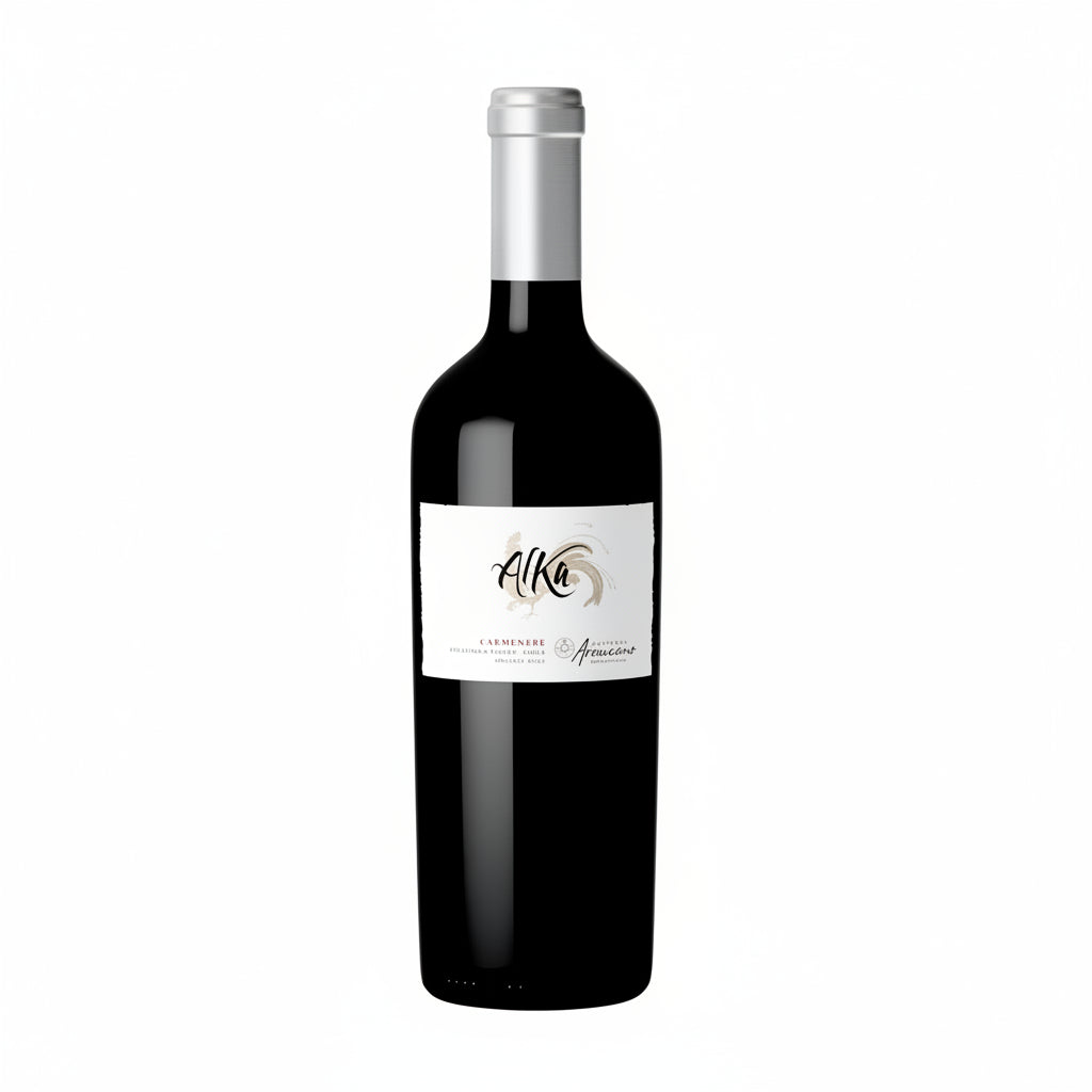 Bottle of Araucano Grande Reserve Alka Carmenere red wine in a 750mL bottle with a dark label and cork closure.