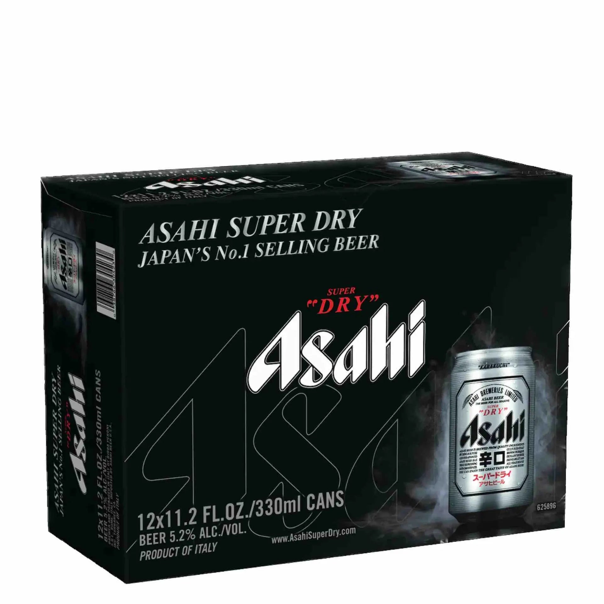 Buy Asahi Super Dry 12 pack Japanese beer, 330ml cans, shown in retail packaging.