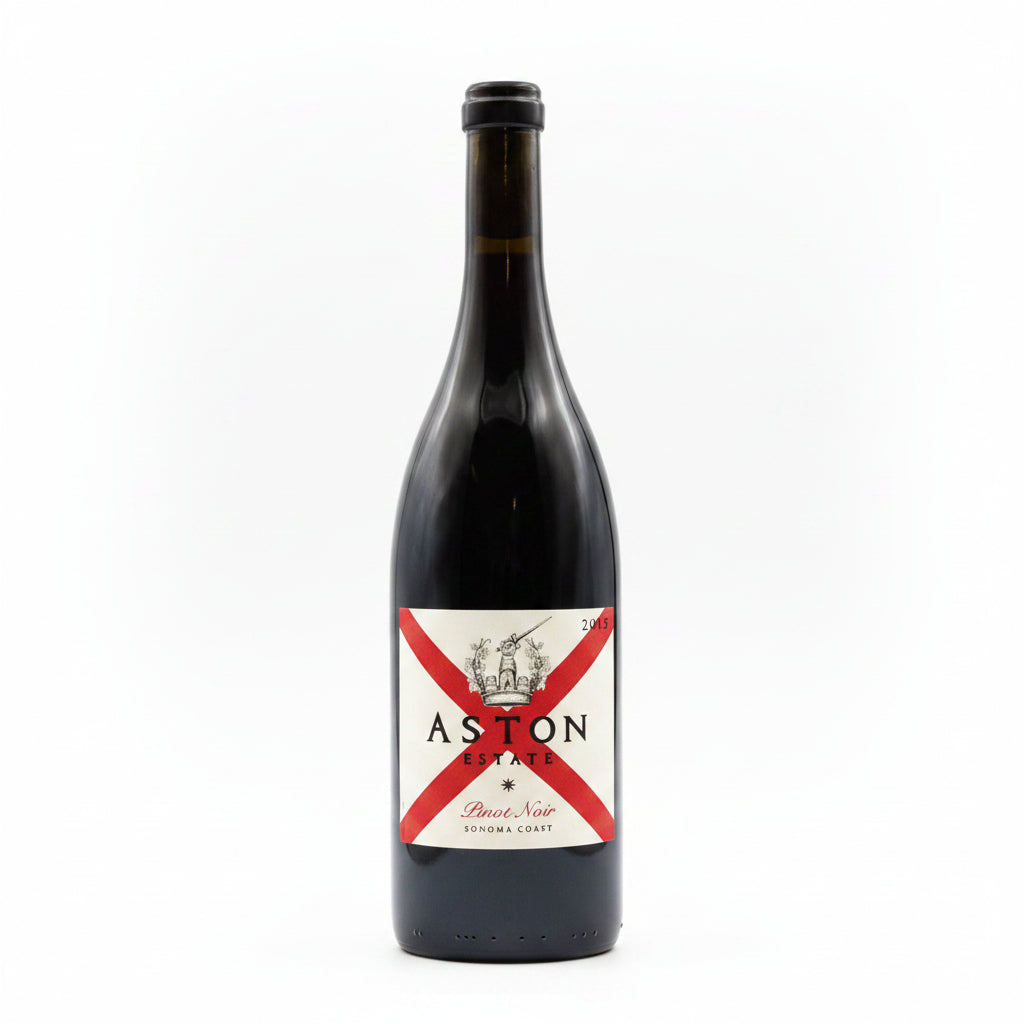 A bottle of Aston Estate Pinot Noir wine with a dark glass bottle and label, 750mL size, on a neutral background.