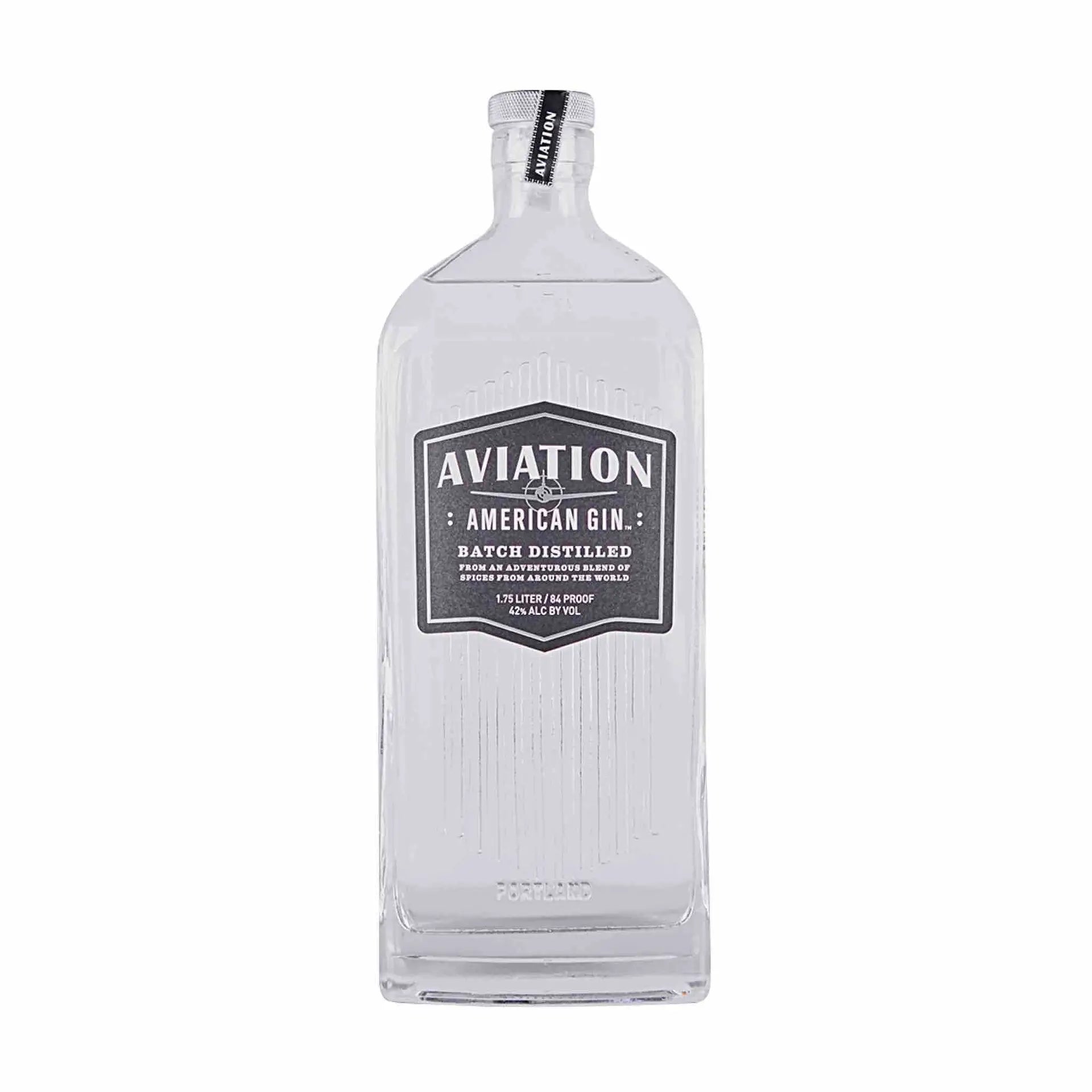 Buy Aviation American Gin 1.75L, clear batch distilled gin bottle with black label.