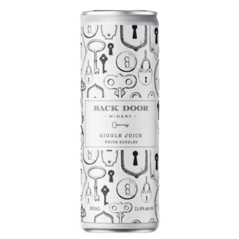 Buy Back Door Giggle Juice White Bubbles 250mL can, sparkling wine with key and lock design.