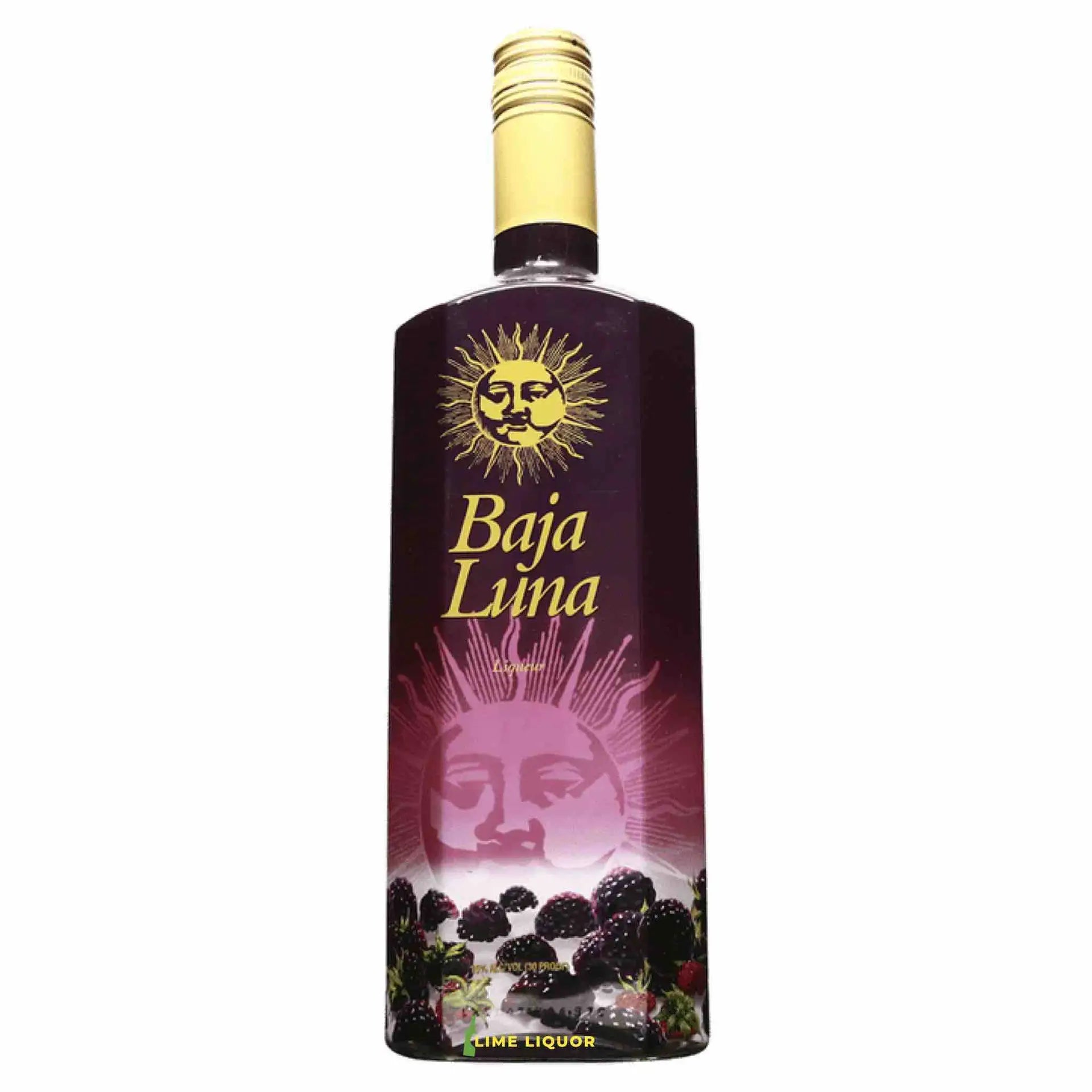Buy Baja Luna, a lime liquor bottle with a sun face logo and berry graphics