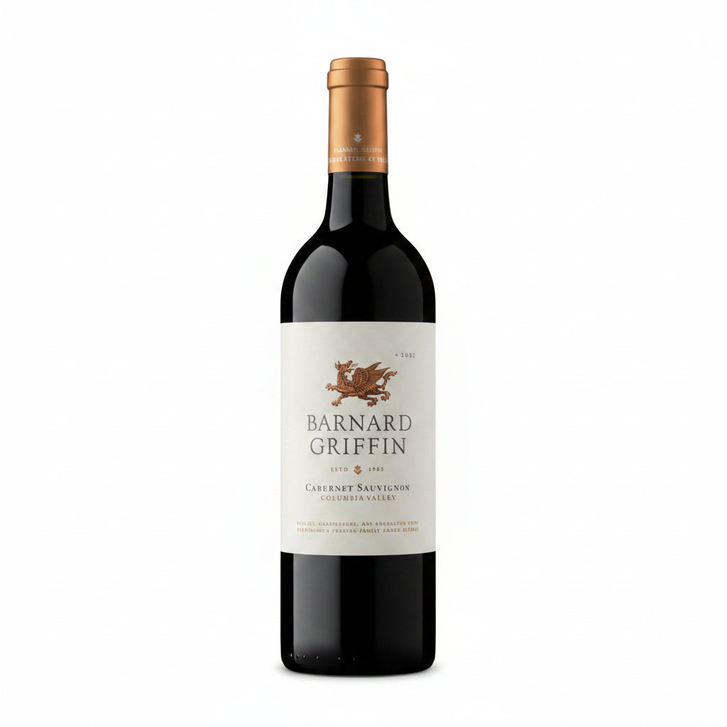 Barnard Griffin Cabernet Sauvignon 750mL bottle, deep red wine with a classic label, on a wooden surface.