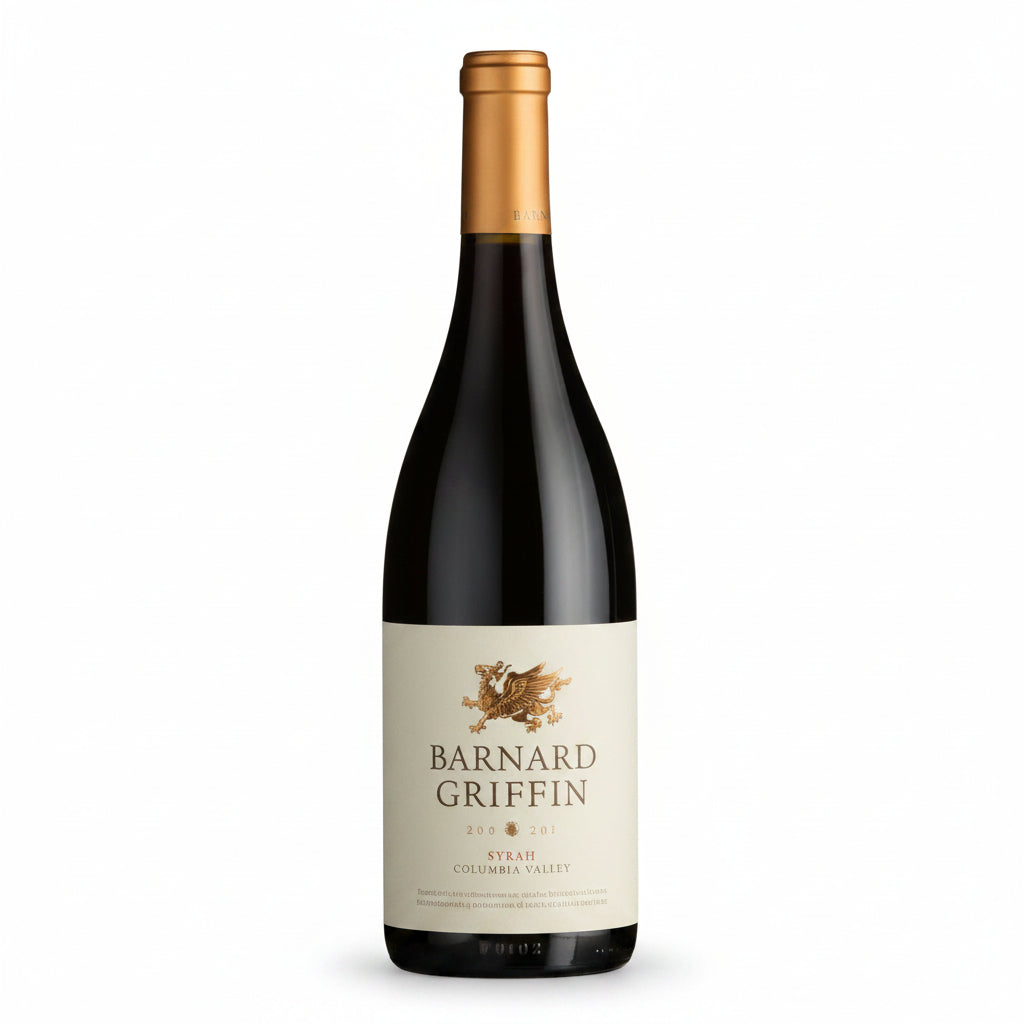 Bottle of Barnard Griffin Syrah red wine in a 750mL glass bottle with a dark label and cork closure.