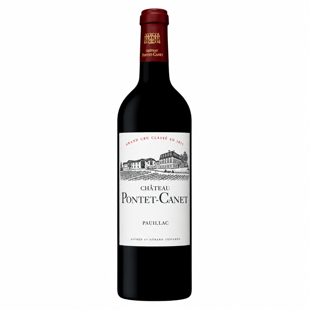 Bottle of Chateau Pontet Canet 2014 red wine from Bordeaux in a dark glass bottle with a label displaying the Chateau name.