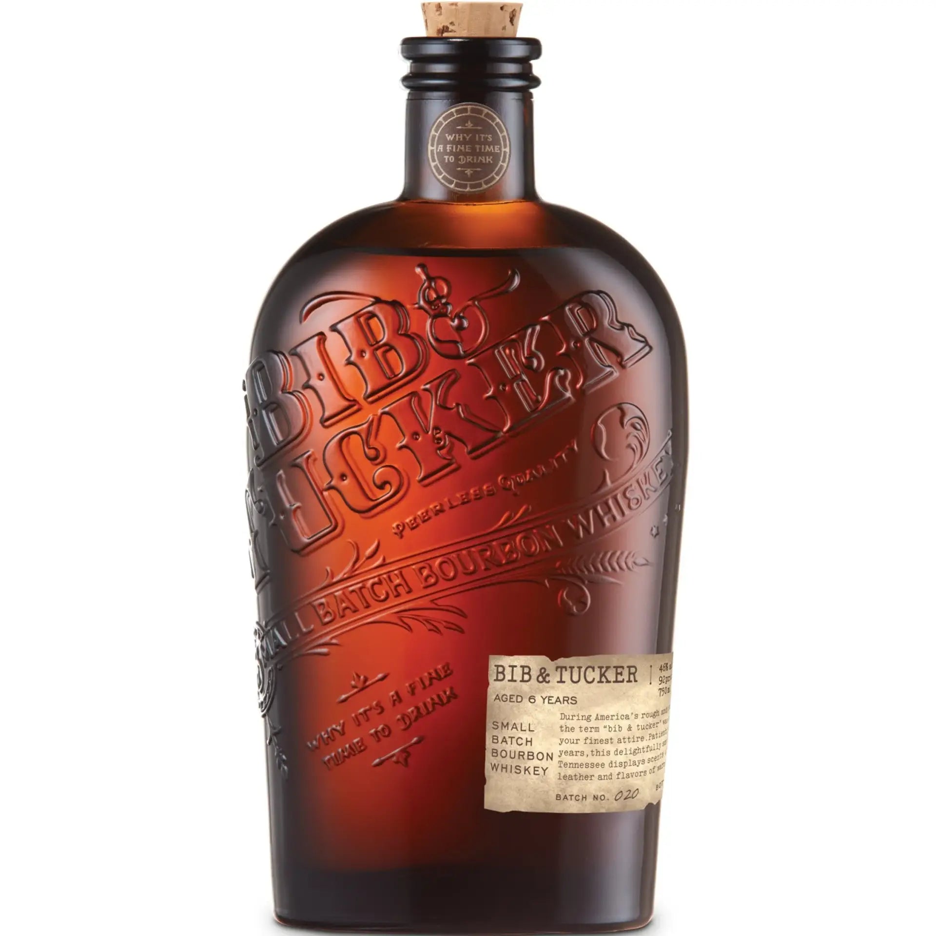 Buy Bib & Tucker bourbon whiskey, embossed brown bottle with cork, product label visible