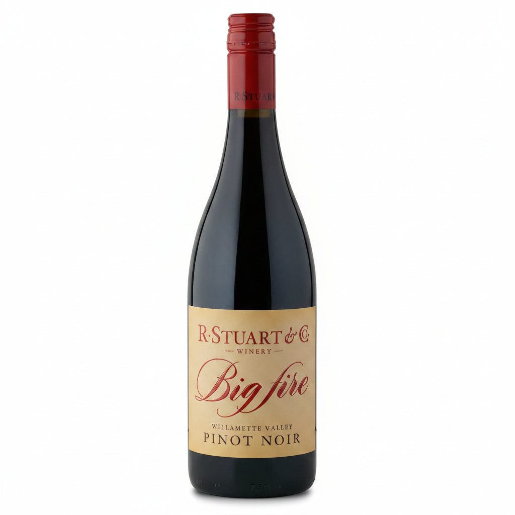Bottle of Big Fire Pinot Noir 750mL wine with a dark label and red wine inside, showcasing the product’s branding and packaging.