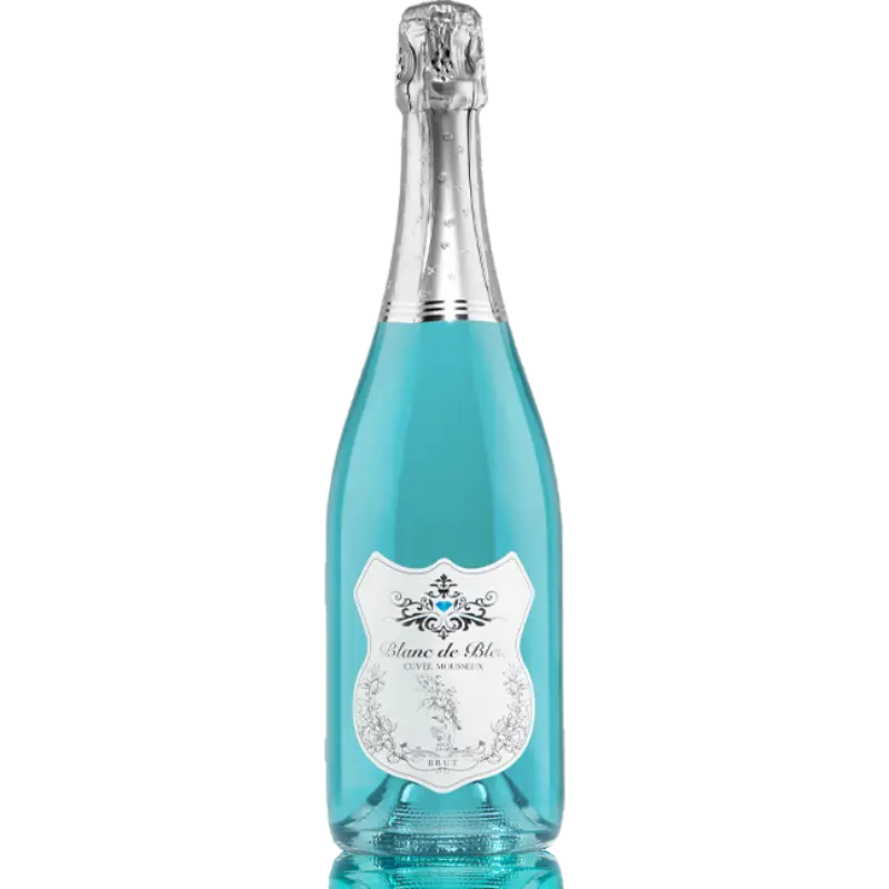 Buy Blanc De Bleu Brut 750mL sparkling wine in a blue glass bottle with silver foil.