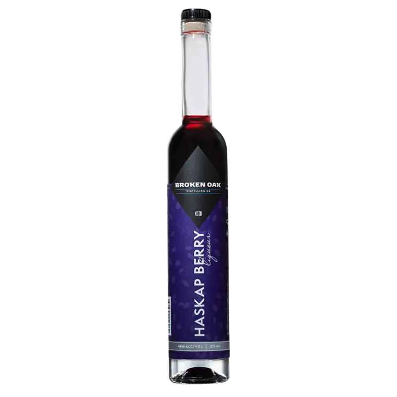 Buy Bodc Haskap Liqueur 375mL, a dark berry liqueur in a tall glass bottle.