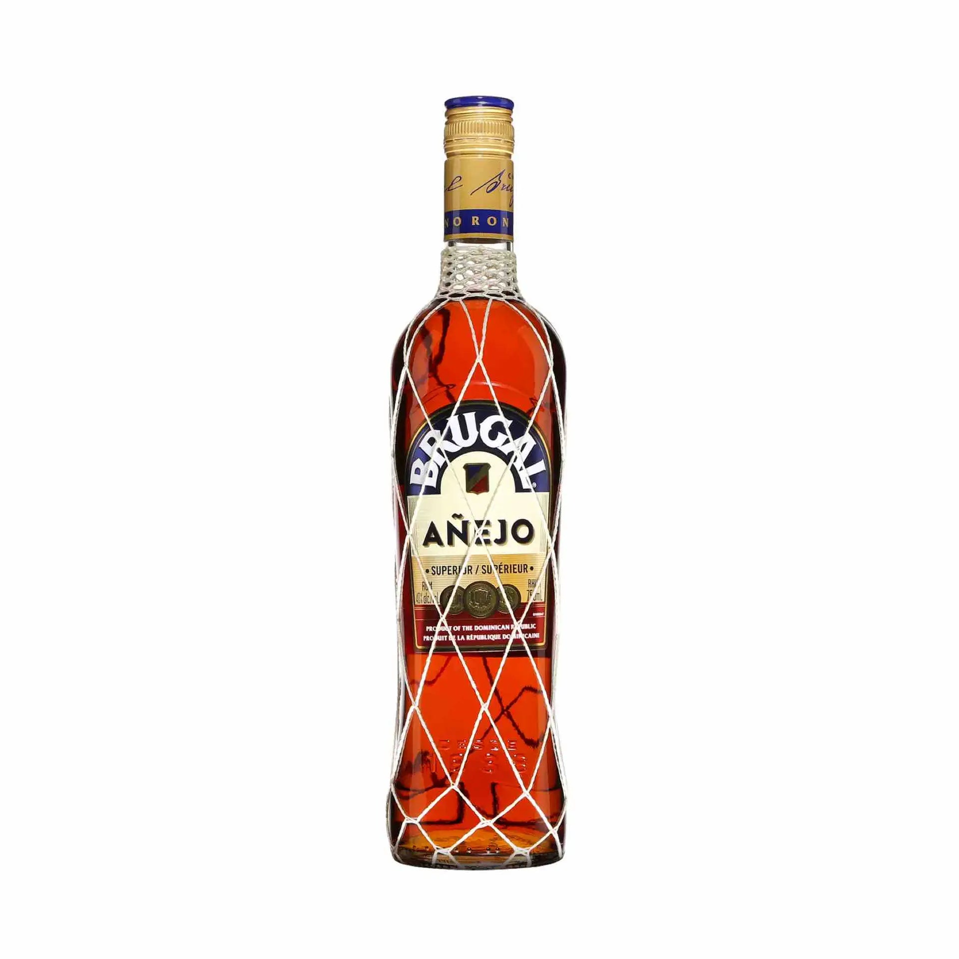 Buy Brugal Anejo 750mL rum bottle, amber liquor with blue and gold label, white netting