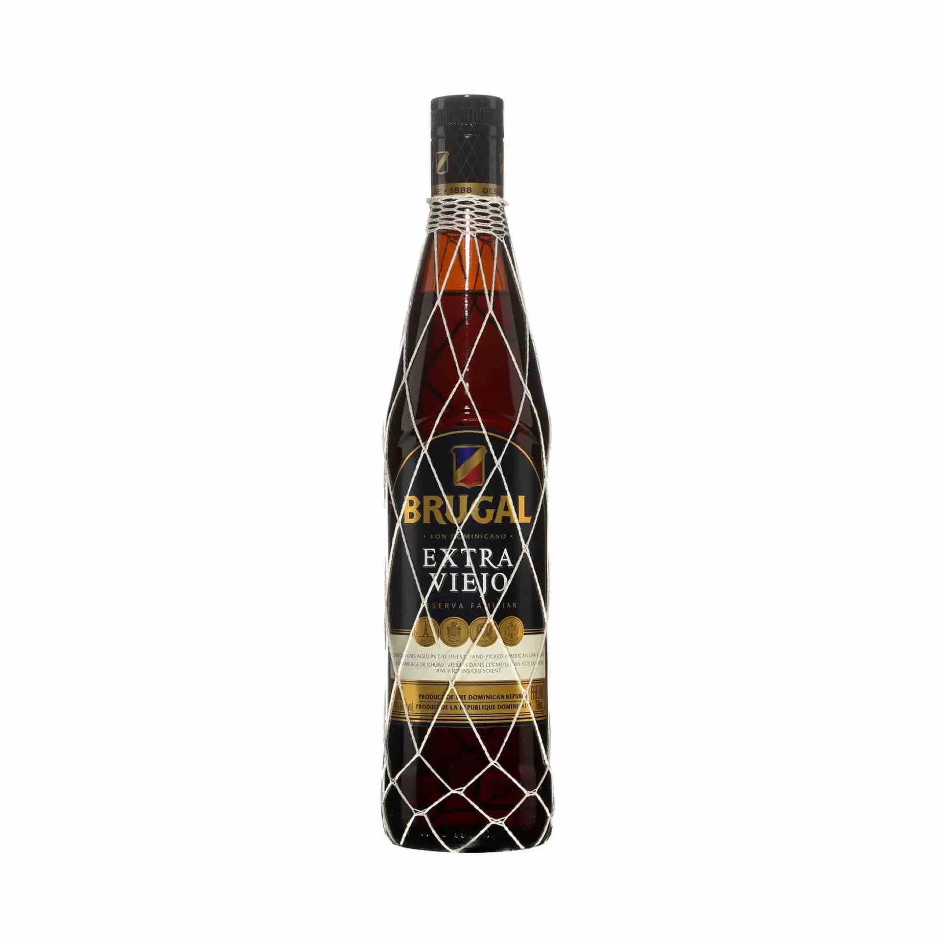 buy Brugal Extra Viejo 750mL rum bottle, dark liquor with label and decorative net