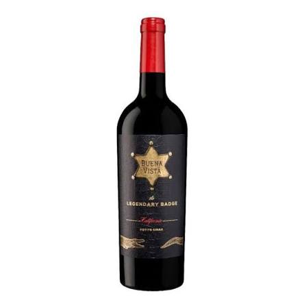 Bottle of Buena Vista Legendary Badge Petite Sirah in a 750mL wine bottle with a detailed label featuring the Buena Vista branding.