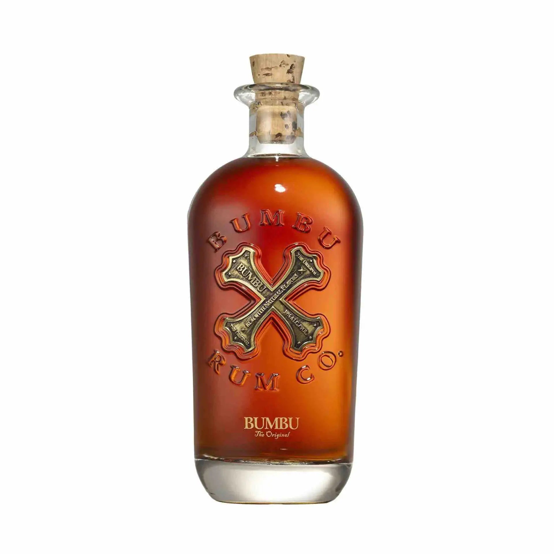 buy Bumbu Original 750mL rum bottle with cork and embossed crossbones logo