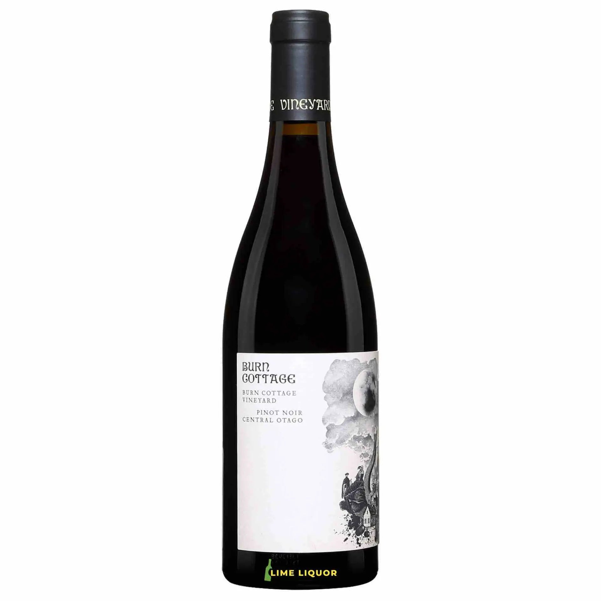 Buy Burn Cottage Pinot Noir, 750mL bottle, Central Otago red wine with illustrated label.