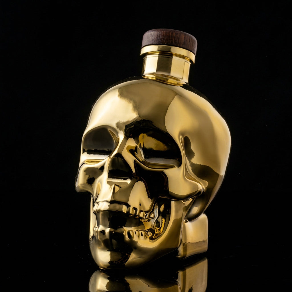 A metallic gold skull-shaped bottle with a dark brown wooden stopper, set against a solid black background with a subtle reflection below.