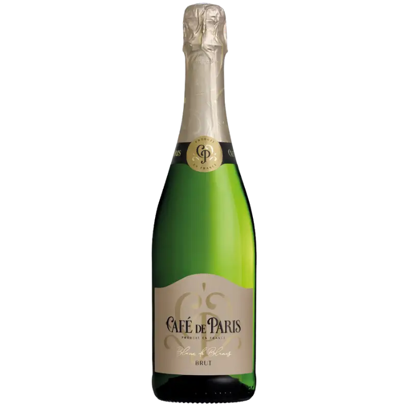 Buy Café de Paris Brut 750mL sparkling wine, elegant green bottle with gold foil.