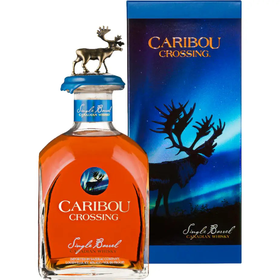 buy Caribou Crossing Single Barrel Canadian Whisky bottle with box and caribou topper
