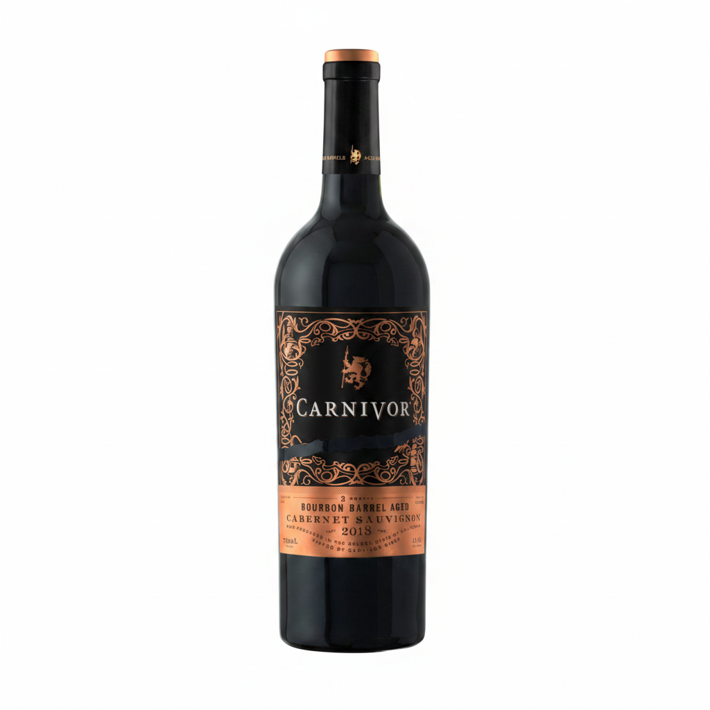 Bottle of Carnivor Bourbon Barrel Cabernet Sauvignon wine in 750mL bottle, showcasing dark red wine and bourbon barrel aging.