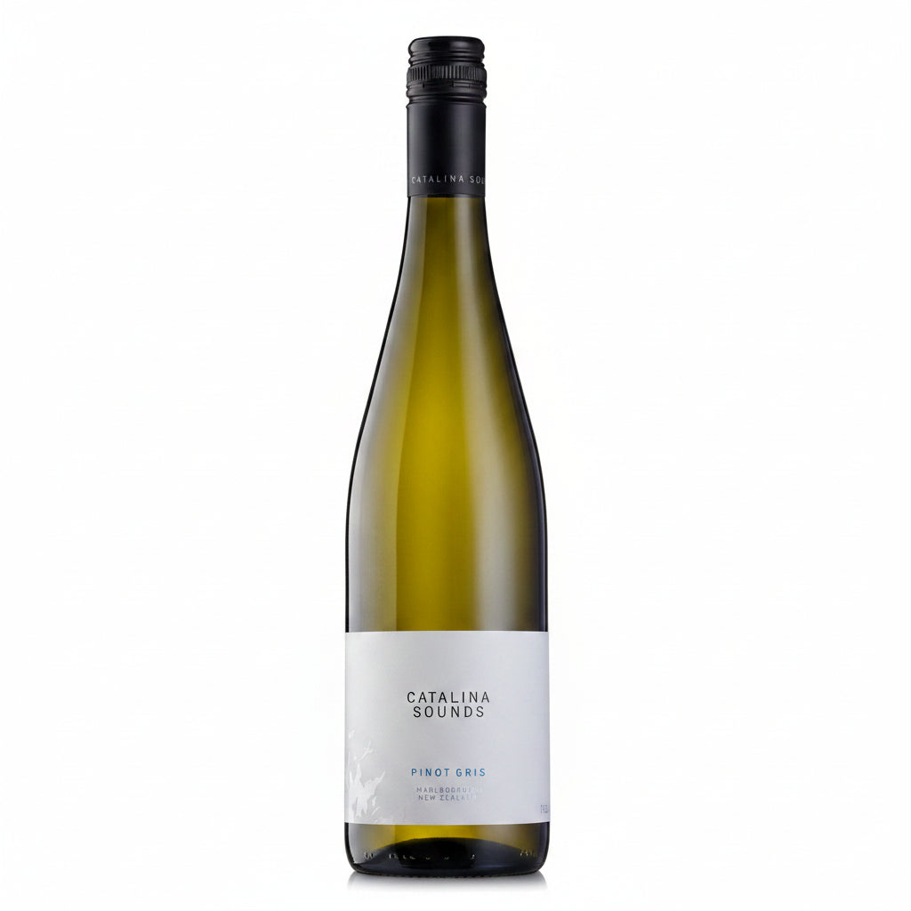 Bottle of Catalina Sounds Pinot Gris wine in a 750ml green glass bottle with a label displaying the Catalina brand and wine name.