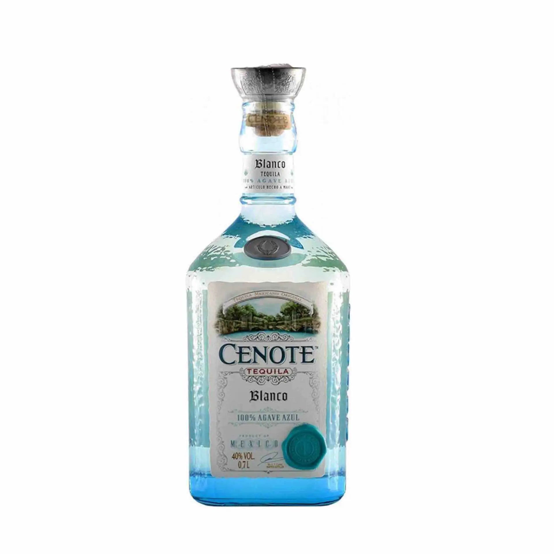 Buy Cenote Blanco Tequila 750mL clear blue bottle, premium agave spirit.