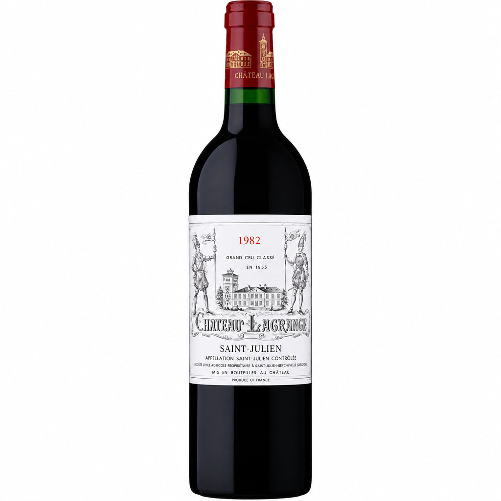 Bottle of Chateau Lagrange 1982 Saint-Julien red wine with a classic label and dark glass bottle.