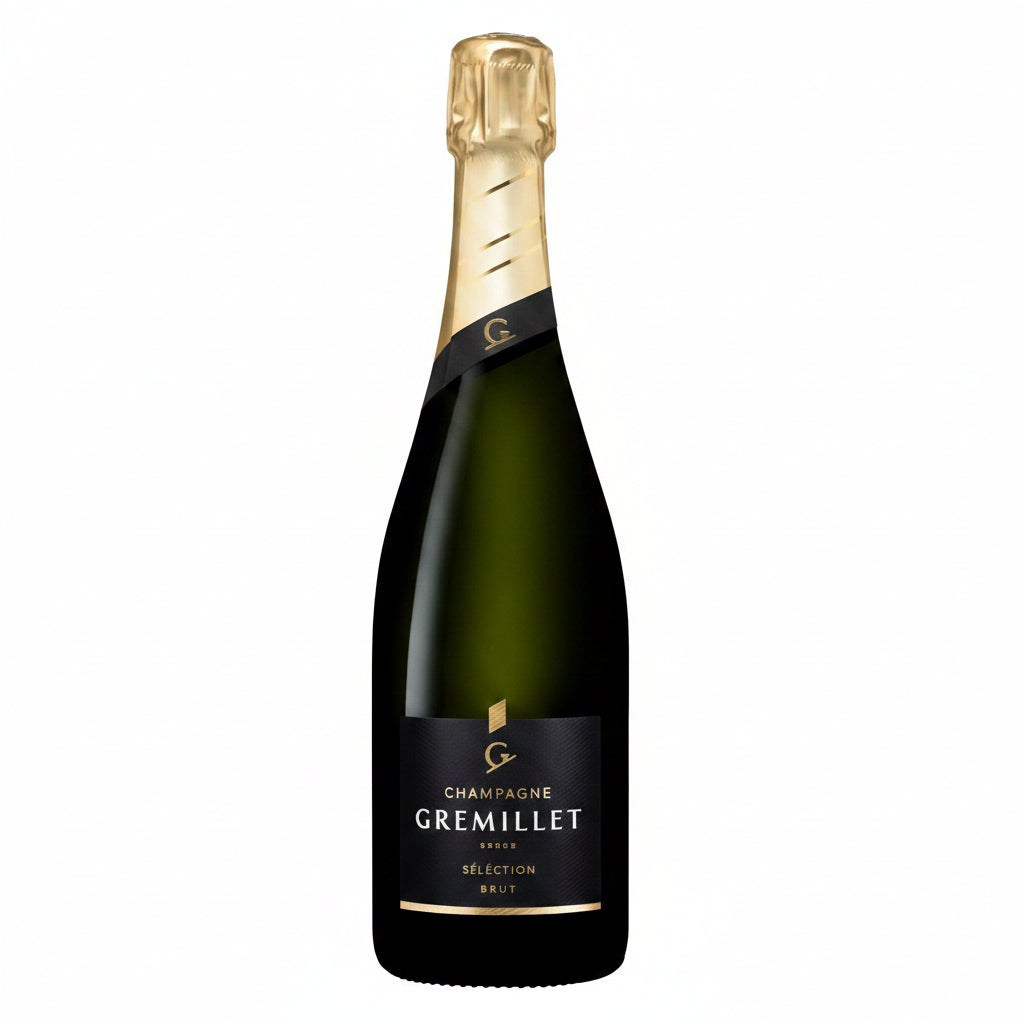 A bottle of Champagne Gremillet Brut Selection with a golden foil and elegant label, set against a neutral background.