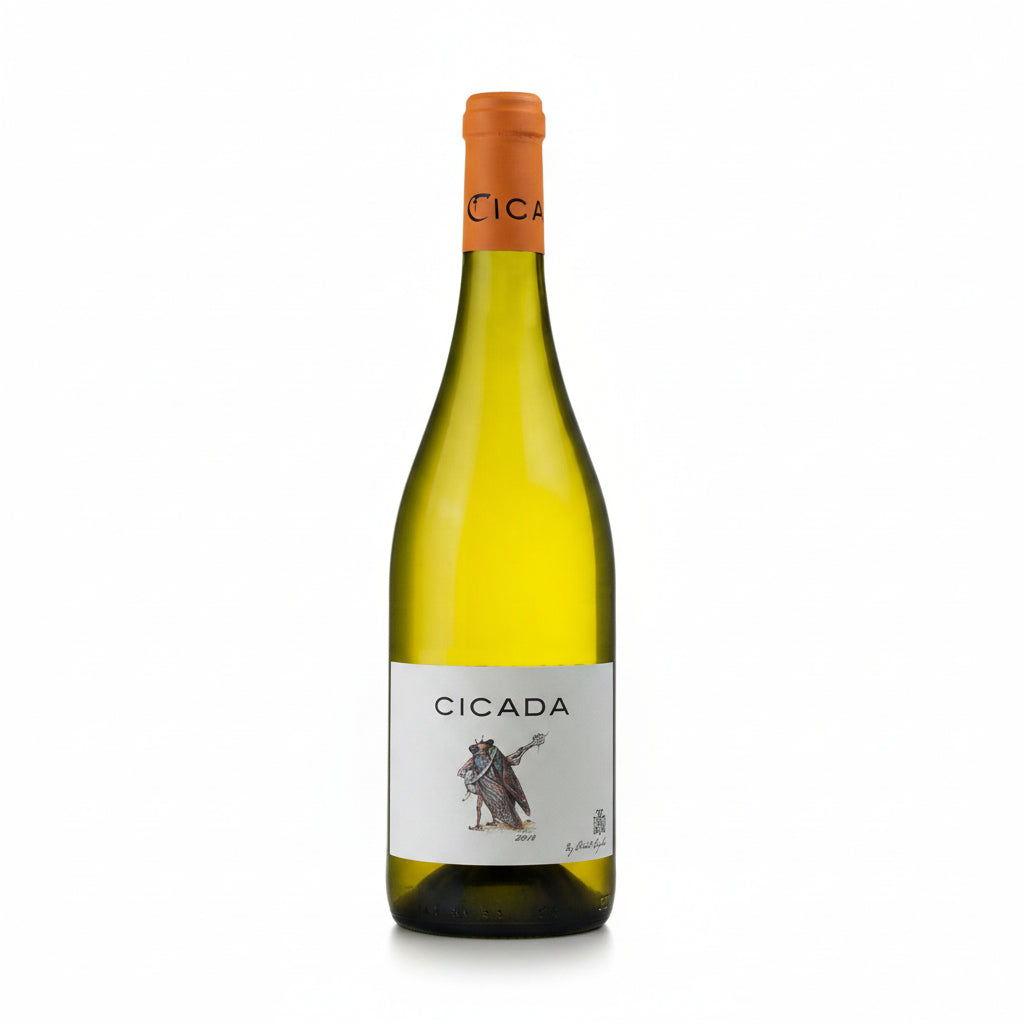 Chante Cigale Vdp Cicada White wine bottle with label featuring a white background and cicada artwork.