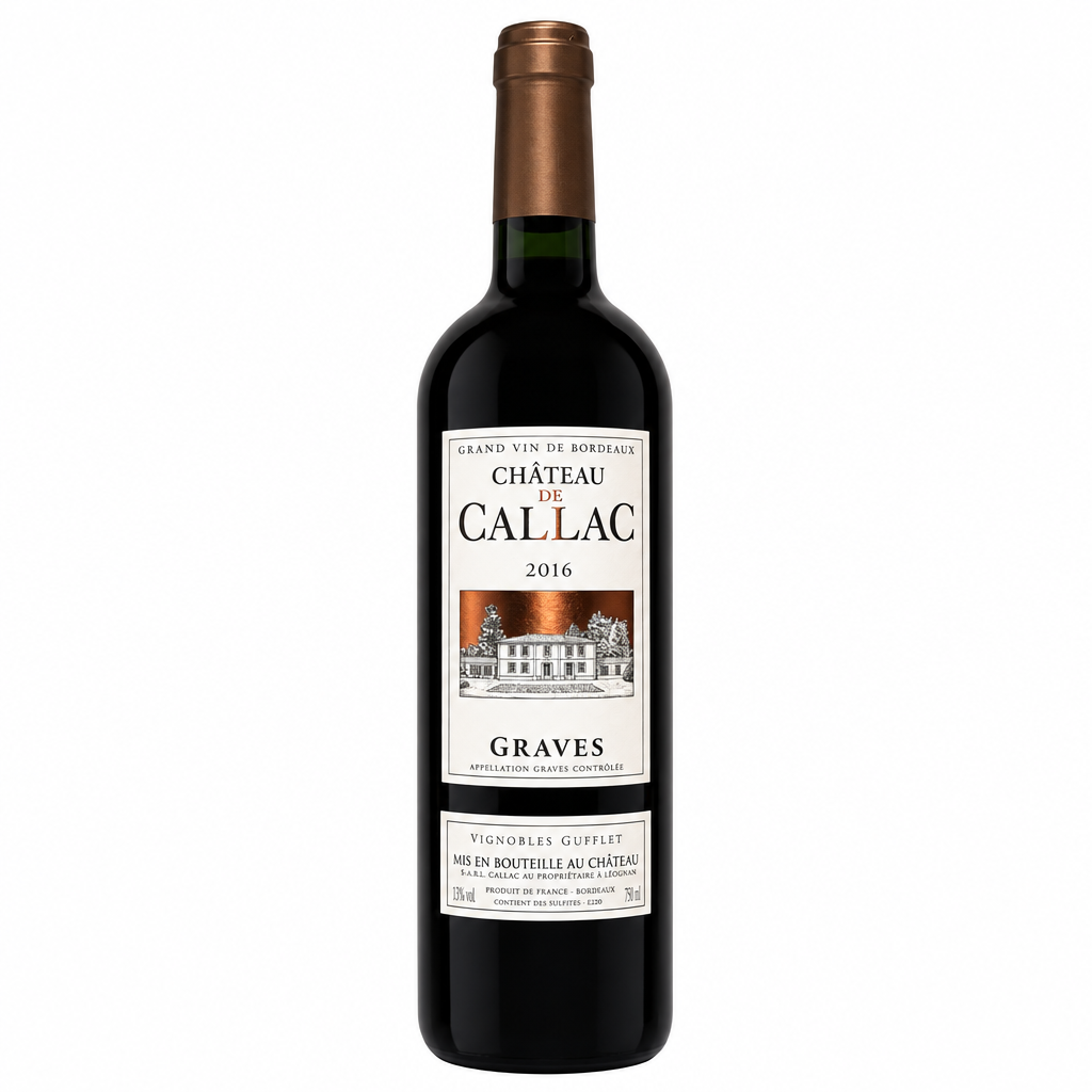 Chateau Callac Graves wine bottle from Vignobles Gufflet, showcasing the label and elegant bottle design.