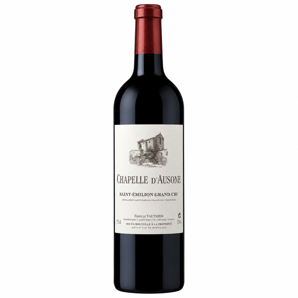 Bottle of La Chapelle D'Ausone 2012 red wine from Chateau Ausone, showcasing the elegant wine label on the bottle.