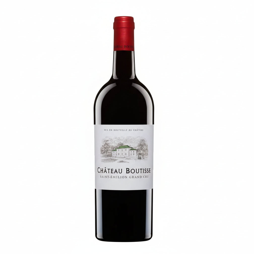 Vintage Chateau Boutisse back view, showcasing the classic label and deep red color of this Bordeaux wine bottle.