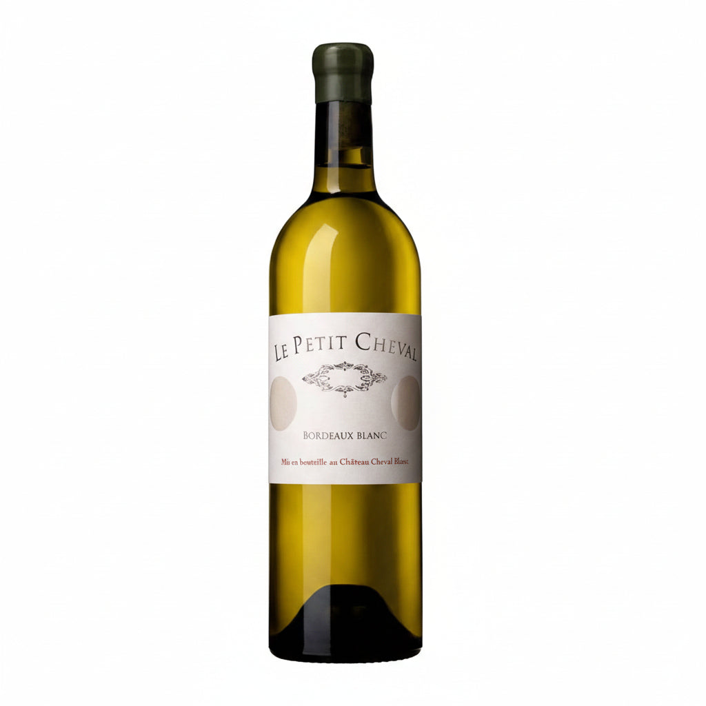 Chateau Cheval Blanc Le Petit Cheval wine bottle with label visible, showcasing a premium Bordeaux red wine from Chateau.