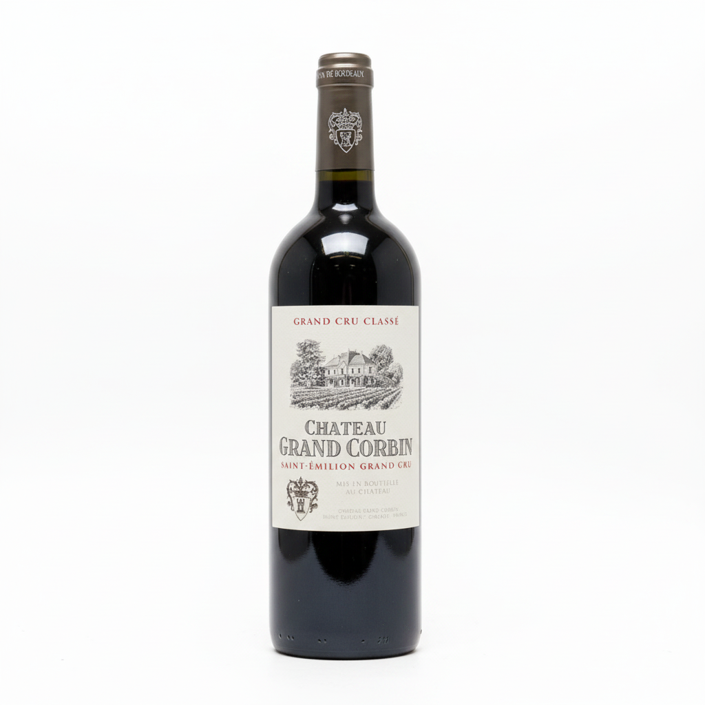 Bottle of Chateau Corbin 2016 red wine from Chateau with a label showcasing vintage and vineyard details.