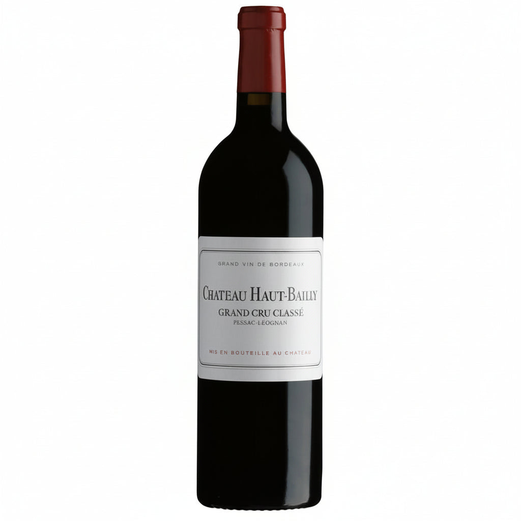 Elegant bottle of Chateau Haut Bailly Bordeaux red wine with a classic label, set against a neutral background.