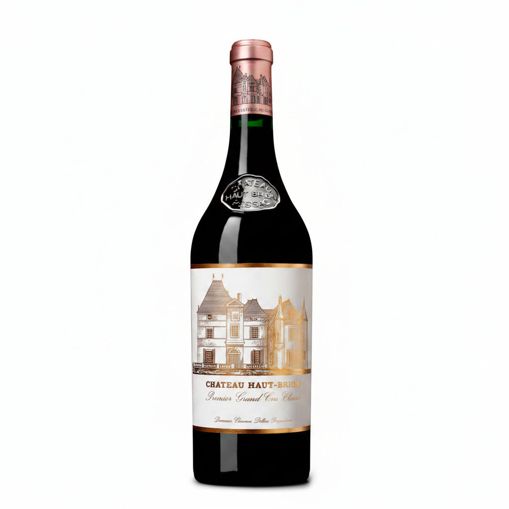 Elegant bottle of Chateau Haut Brion red wine with classic label, displayed on a wooden surface.