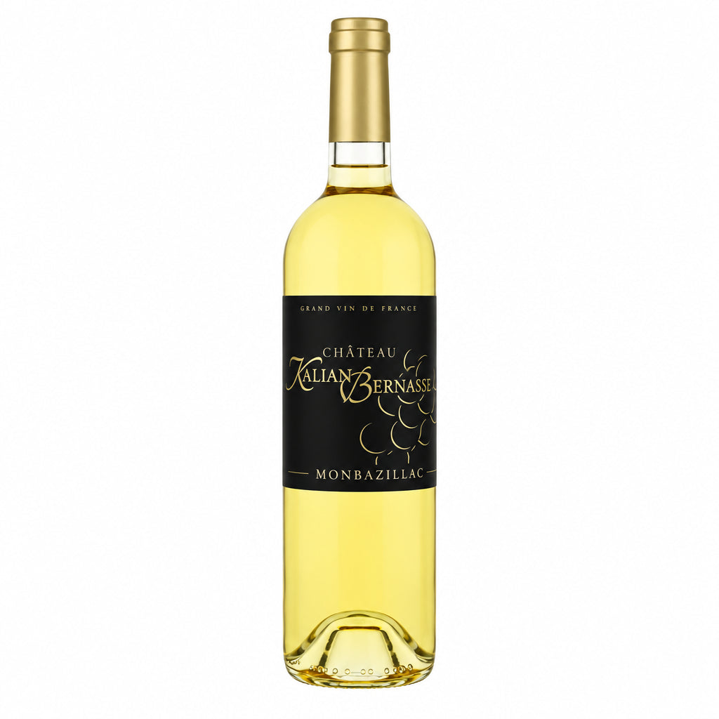 Bottle of Chateau Kalian Bernasse Monbazillac 2017 dessert wine with a label featuring the Chateau branding and elegant design.
