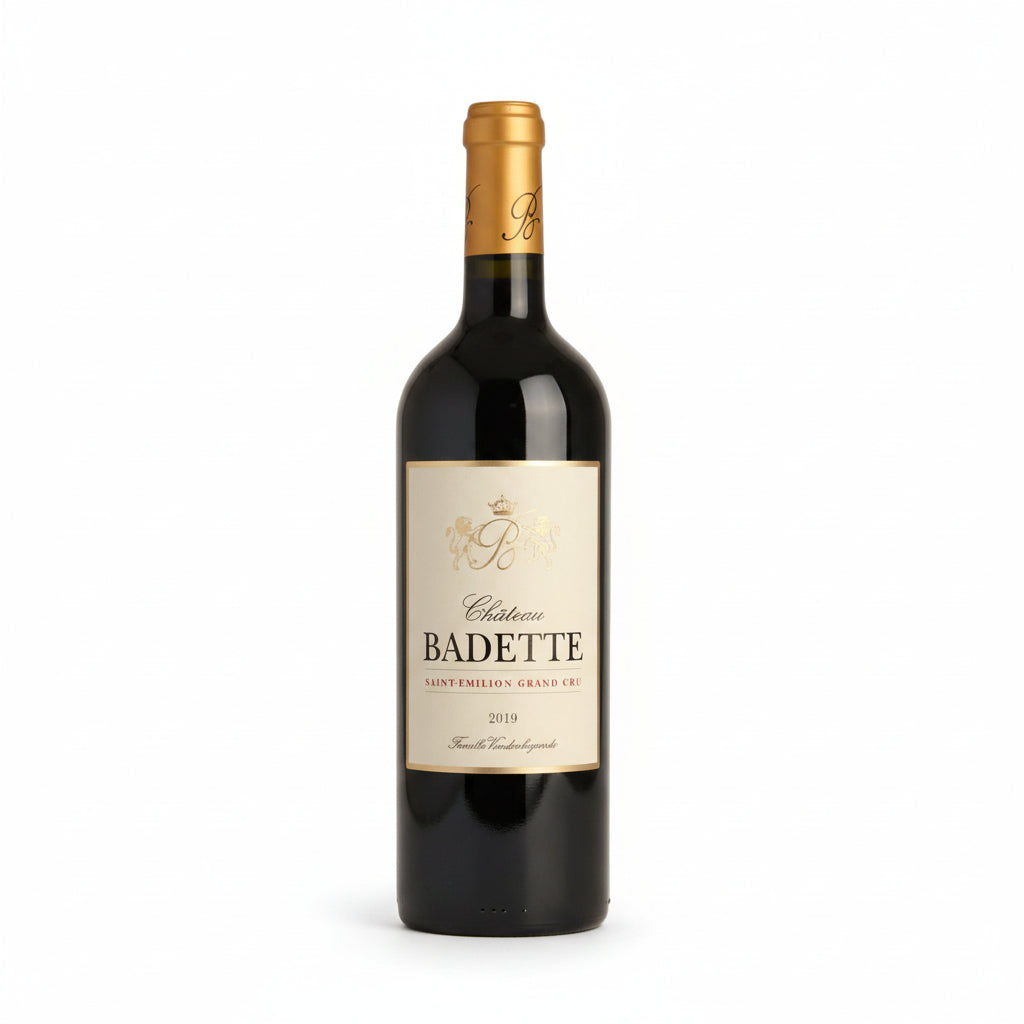 Chateau La Badette St Emilion Grand Cru wine bottle with label visible, showcasing elegant design and classic Bordeaux style.