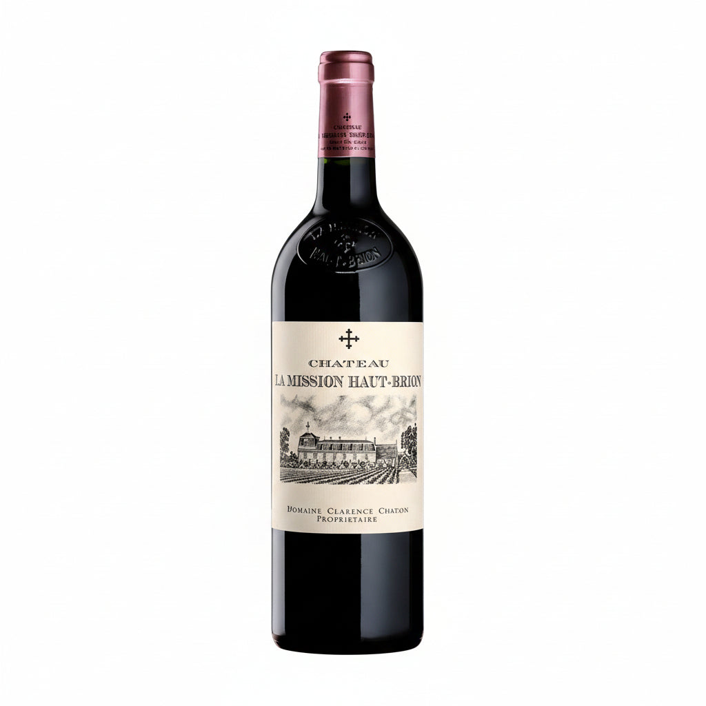 Bottle of Chateau La Mission Haut-Brion 2016 red wine with label visible, showcasing a Bordeaux wine from Chateau winery.
