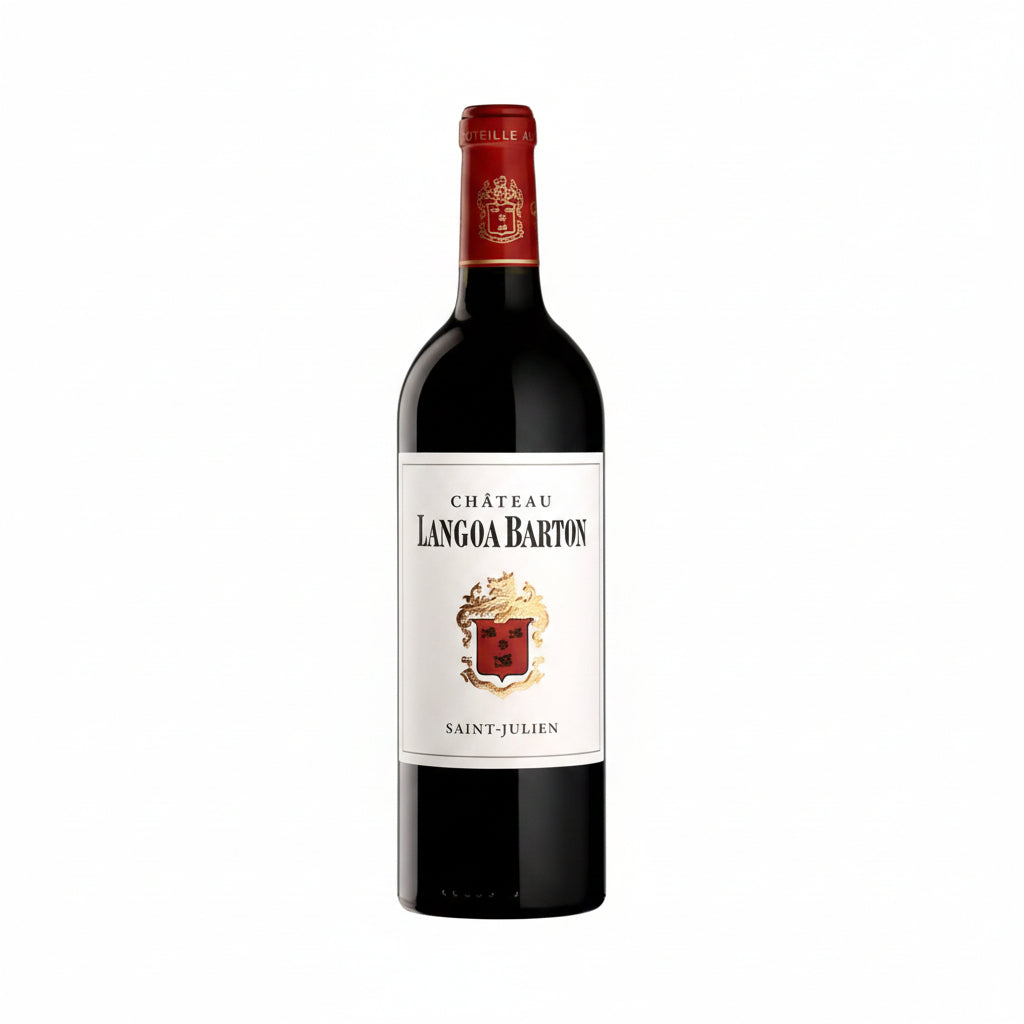 Bottle of Chateau Langoa Barton 2016 red wine displayed on a table, featuring the label and deep garnet color of the wine.